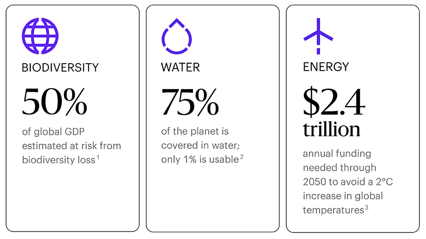 Three text boxes that show the following (1) Biodiversity, 50% of global GDP estimated at risk from biodiversity loss, (2) Water, 75% of the planet is covered in water; only 1% is usable, (3) Energy, $2.4 trillion annual funding needed through 2050 to avoid a 2 degree Celsius increase in global temperatures.