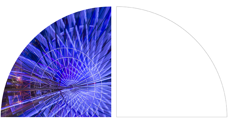 Abstract image with a purple semi-circle on the left and a blue, radial pattern resembling a ferris wheel on the right.