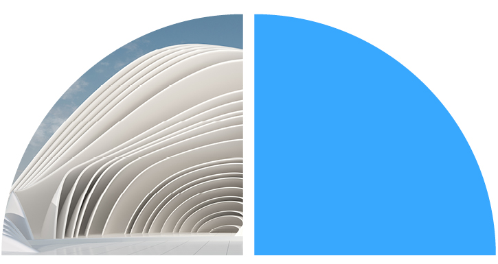 A curved white building with layered design next to a solid blue quarter circle. 